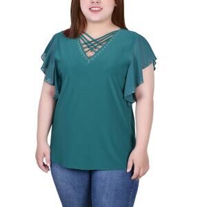 NY Collection Plus Size Flutter Sleeve Top With Criss Cross Strip | Size 1X